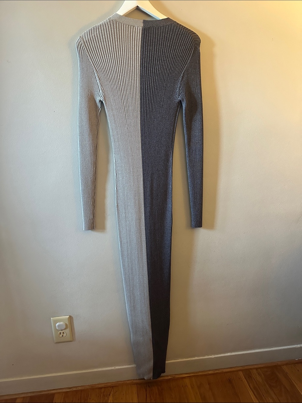 STAUD Two-Tone Ribbed Maxi Cardigan in Gray and Beige - Picture 2 of 3